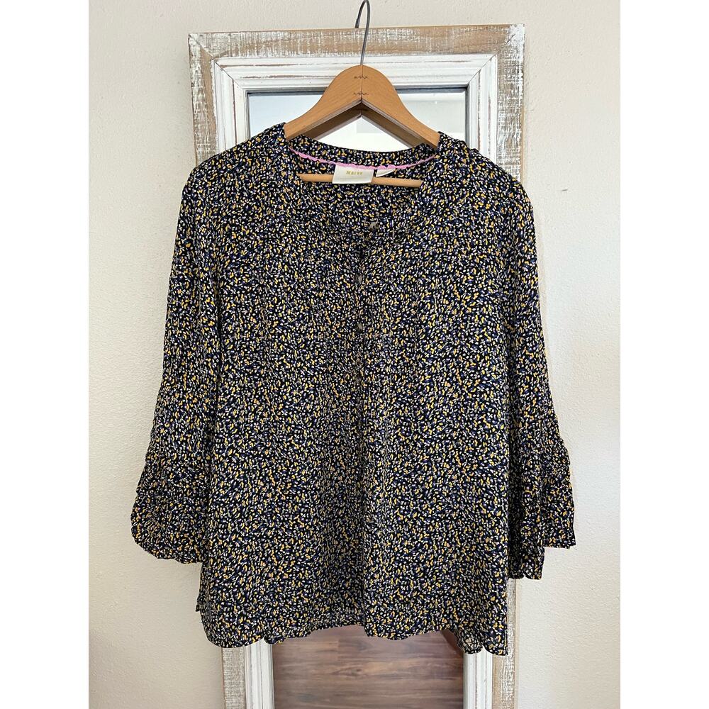 Maeve by Anthropologie Women's Berwick Top Black Print Button Down L 3/4 Sleeves